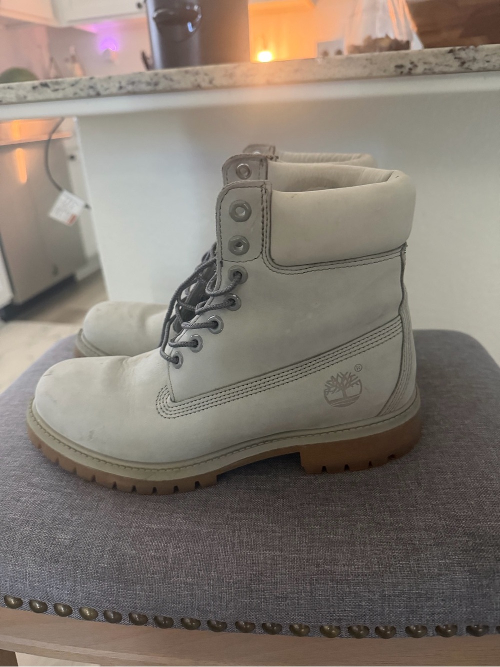 Timberland Off-White Leather Lace-Up Work Boot with Tan Lug Sole